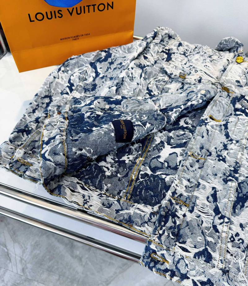 Veste Louis Vuitton denim jacquard bleu unisexe – Veste luxe motif artistique effet destroy – Image 9