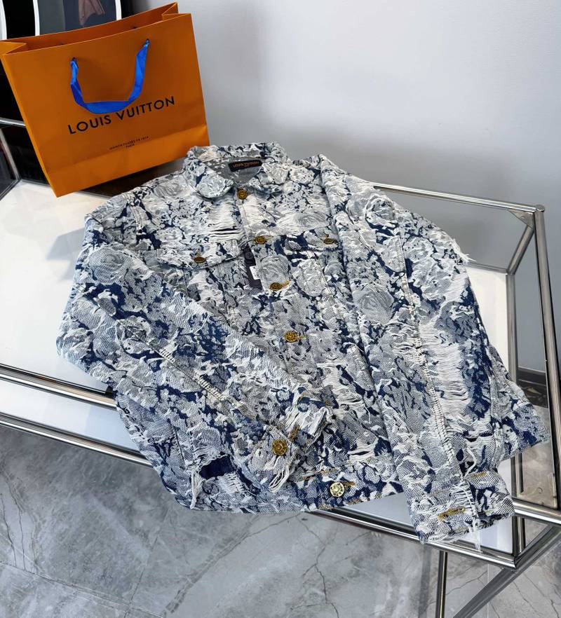 Veste Louis Vuitton denim jacquard bleu unisexe – Veste luxe motif artistique effet destroy – Image 7