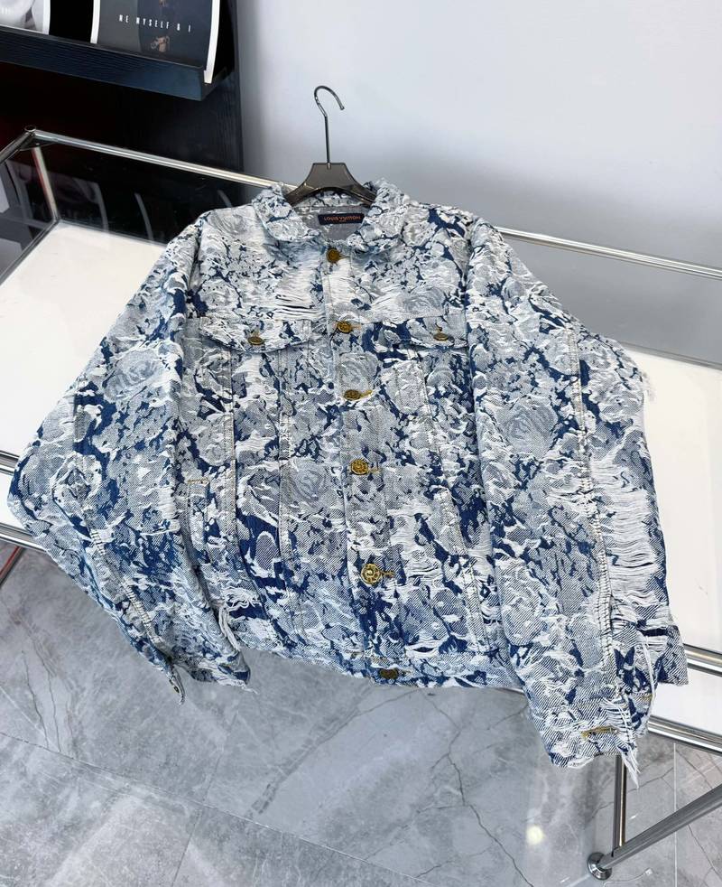 Veste Louis Vuitton denim jacquard bleu unisexe – Veste luxe motif artistique effet destroy – Image 3