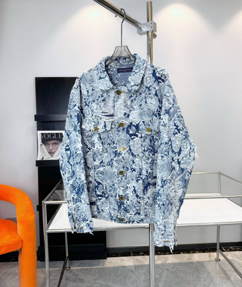 Veste Louis Vuitton denim jacquard bleu unisexe – Veste luxe motif artistique effet destroy